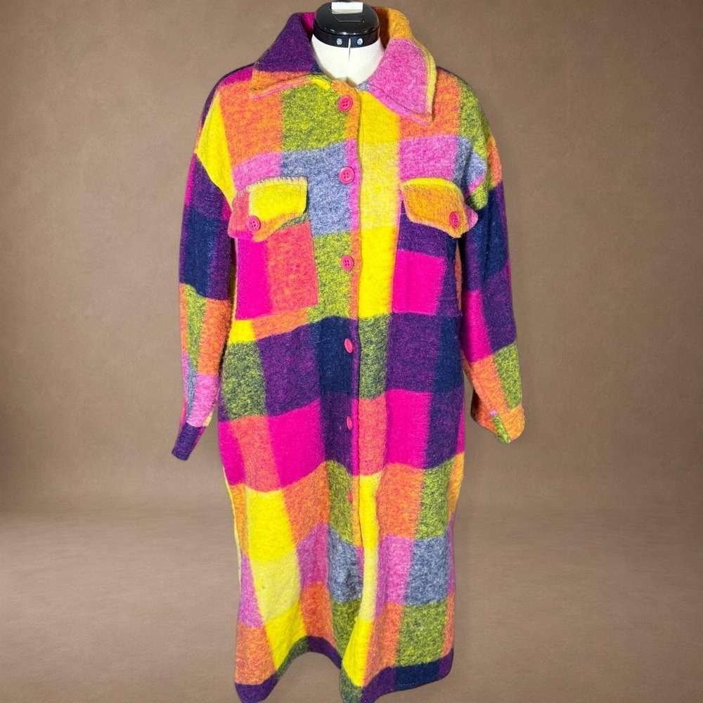 Italian Wool Plaid Shacket Coat One Size Oversized Colorful Maxi Made Italy